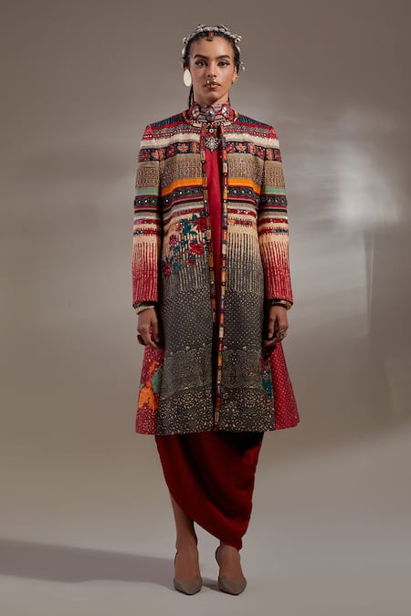 Shop Aseem Kapoor Red Crinkle Embroidery, Mirrors, Beads, Hina Pattern Trench Coat And Dress Set Online at Aza Fashions Shop_Aseem Kapoor_Red Crinkle Embroidery, Mirrors, Beads, Hina Pattern Trench Coat And Dress Set _Online_at_Aza_Fashions