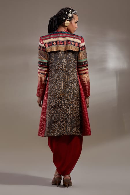 Shop Aseem Kapoor Red Crinkle Embroidery, Mirrors, Beads, Hina Pattern Trench Coat And Dress Set at Aza Fashions Shop_Aseem Kapoor_Red Crinkle Embroidery, Mirrors, Beads, Hina Pattern Trench Coat And Dress Set _at_Aza_Fashions