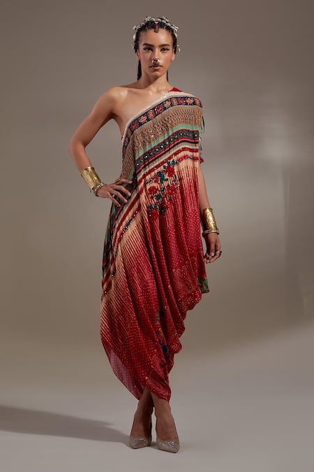 Aseem Kapoor Red Crepe Embroidery, Sequins One Shoulder Rasa Drop Dress 