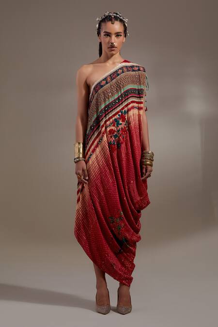 Aseem Kapoor Red Crepe Embroidery, Sequins One Shoulder Rasa Drop Dress Online at Aza Fashions Aseem Kapoor_Red Crepe Embroidery, Sequins One Shoulder Rasa Drop Dress _Online_at_Aza_Fashions