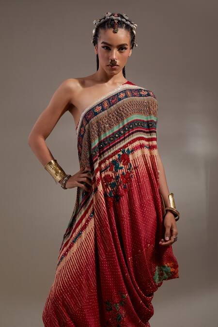Shop Aseem Kapoor Red Crepe Embroidery, Sequins One Shoulder Rasa Drop Dress Online at Aza Fashions Shop_Aseem Kapoor_Red Crepe Embroidery, Sequins One Shoulder Rasa Drop Dress _Online_at_Aza_Fashions