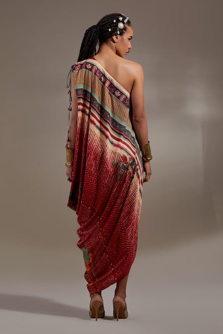 Shop Aseem Kapoor Red Crepe Embroidery, Sequins One Shoulder Rasa Drop Dress at Aza Fashions Shop_Aseem Kapoor_Red Crepe Embroidery, Sequins One Shoulder Rasa Drop Dress _at_Aza_Fashions