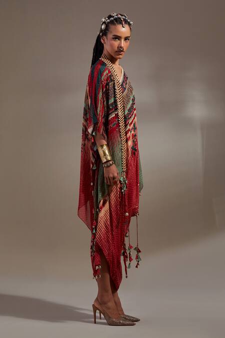 Aseem Kapoor Red Crepe Tassels V-neck Veni Tribal Pattern Jacket And Dress Set Online at Aza Fashions Aseem Kapoor_Red Crepe Tassels V-neck Veni Tribal Pattern Jacket And Dress Set _Online_at_Aza_Fashions