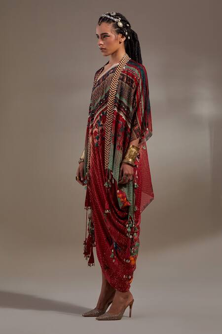 Buy Aseem Kapoor Red Crepe Tassels V-neck Veni Tribal Pattern Jacket And Dress Set Online at Aza Fashions Buy_Aseem Kapoor_Red Crepe Tassels V-neck Veni Tribal Pattern Jacket And Dress Set _Online_at_Aza_Fashions