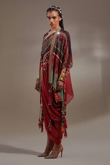 Shop Aseem Kapoor Red Crepe Tassels V-neck Veni Tribal Pattern Jacket And Dress Set Online at Aza Fashions Shop_Aseem Kapoor_Red Crepe Tassels V-neck Veni Tribal Pattern Jacket And Dress Set _Online_at_Aza_Fashions