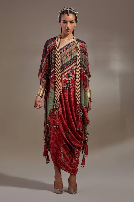 Aseem Kapoor Red Crepe Tassels V-neck Veni Tribal Pattern Jacket And Dress Set at Aza Fashions Aseem Kapoor_Red Crepe Tassels V-neck Veni Tribal Pattern Jacket And Dress Set _at_Aza_Fashions