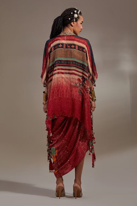 Shop Aseem Kapoor Red Crepe Tassels V-neck Veni Tribal Pattern Jacket And Dress Set at Aza Fashions Shop_Aseem Kapoor_Red Crepe Tassels V-neck Veni Tribal Pattern Jacket And Dress Set _at_Aza_Fashions