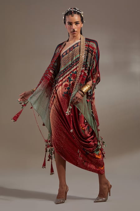Buy Aseem Kapoor Red Crepe Tassels V-neck Veni Tribal Pattern Jacket And Dress Set Buy_Aseem Kapoor_Red Crepe Tassels V-neck Veni Tribal Pattern Jacket And Dress Set