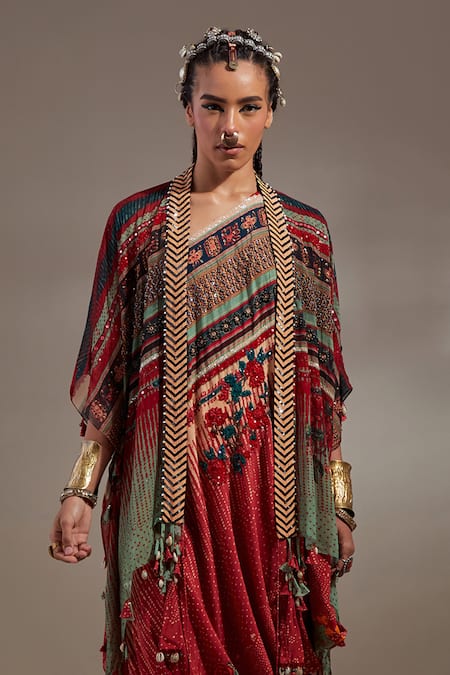 Shop Aseem Kapoor Red Crepe Tassels V-neck Veni Tribal Pattern Jacket And Dress Set Shop_Aseem Kapoor_Red Crepe Tassels V-neck Veni Tribal Pattern Jacket And Dress Set