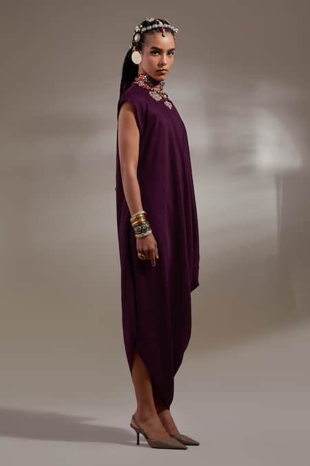 Aseem Kapoor_Purple Crinkle, Silk Embroidery High Neck Jamuni Rasa Drop Shoulder Dress _Online_at_Aza_Fashions