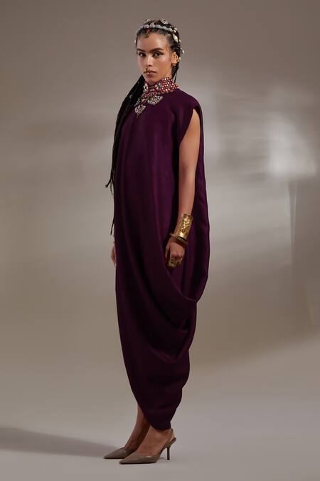 Buy_Aseem Kapoor_Purple Crinkle, Silk Embroidery High Neck Jamuni Rasa Drop Shoulder Dress _Online_at_Aza_Fashions