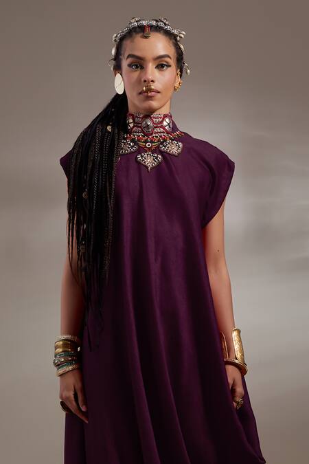 Shop_Aseem Kapoor_Purple Crinkle, Silk Embroidery High Neck Jamuni Rasa Drop Shoulder Dress _Online_at_Aza_Fashions