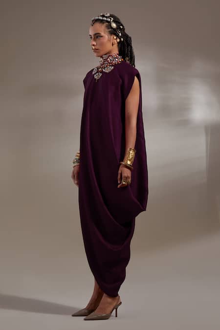 Aseem Kapoor_Purple Crinkle, Silk Embroidery High Neck Jamuni Rasa Drop Shoulder Dress _at_Aza_Fashions