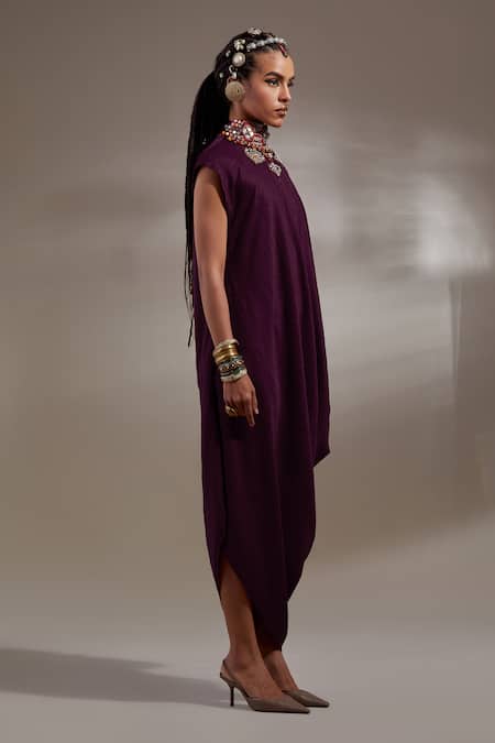 Buy_Aseem Kapoor_Purple Crinkle, Silk Embroidery High Neck Jamuni Rasa Drop Shoulder Dress 