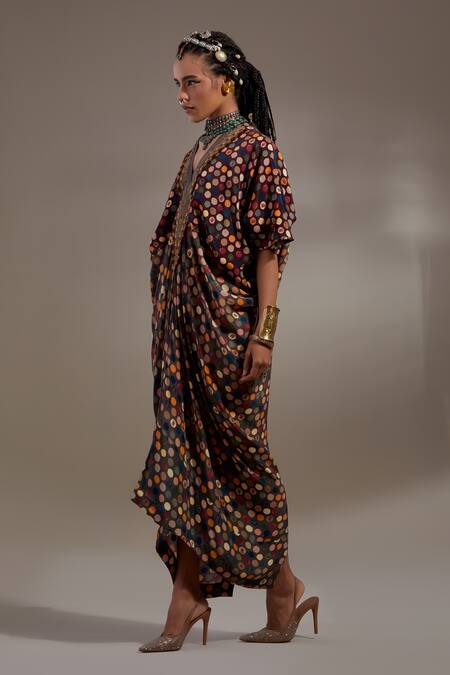 Aseem Kapoor_Crepe Embroidery V-neck Zia Trapeze Dress _Online_at_Aza_Fashions