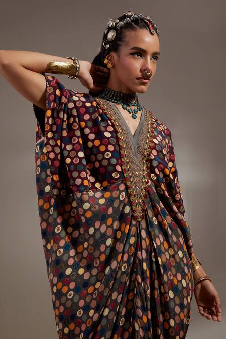 Shop_Aseem Kapoor_Crepe Embroidery V-neck Zia Trapeze Dress _Online_at_Aza_Fashions