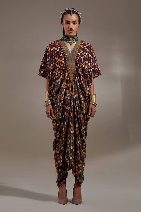 Aseem Kapoor_Crepe Embroidery V-neck Zia Trapeze Dress _at_Aza_Fashions