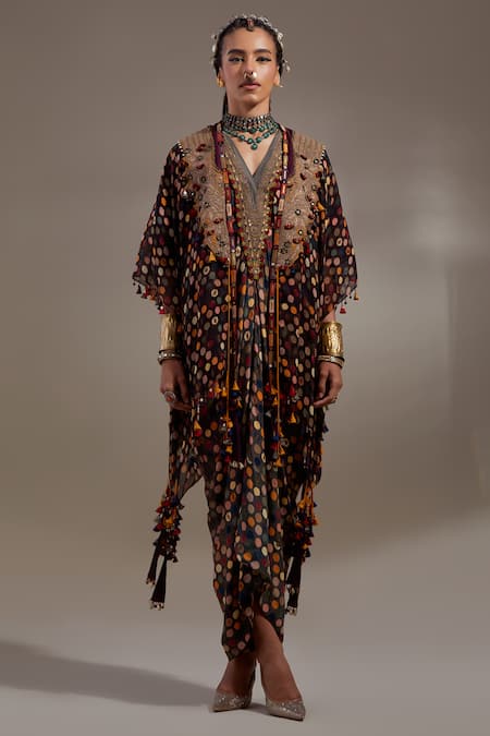 Aseem Kapoor Black Crepe Embroidery, Beads, Tassels Veni Tribal Pattern Jacket And Dress Set