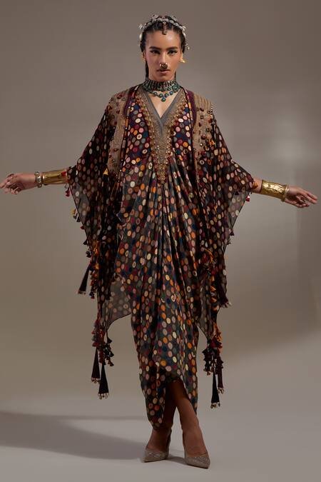 Shop Aseem Kapoor Black Crepe Embroidery, Beads, Tassels Veni Tribal Pattern Jacket And Dress Set Online at Aza Fashions Shop_Aseem Kapoor_Black Crepe Embroidery, Beads, Tassels Veni Tribal Pattern Jacket And Dress Set _Online_at_Aza_Fashions