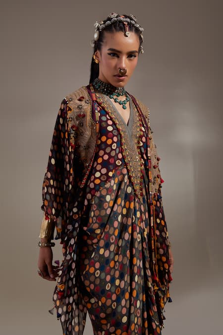 Aseem Kapoor Black Crepe Embroidery, Beads, Tassels Veni Tribal Pattern Jacket And Dress Set at Aza Fashions Aseem Kapoor_Black Crepe Embroidery, Beads, Tassels Veni Tribal Pattern Jacket And Dress Set _at_Aza_Fashions