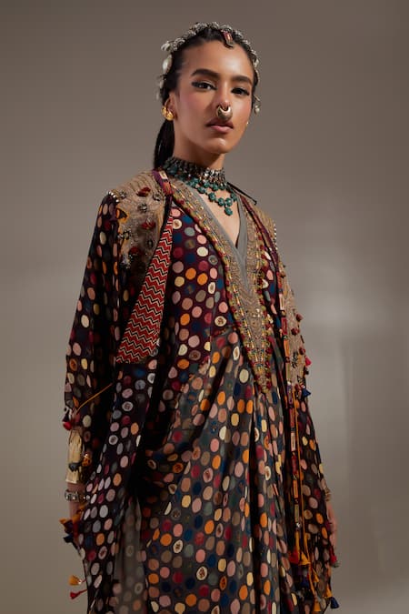 Buy Aseem Kapoor Black Crepe Embroidery, Beads, Tassels Veni Tribal Pattern Jacket And Dress Set Buy_Aseem Kapoor_Black Crepe Embroidery, Beads, Tassels Veni Tribal Pattern Jacket And Dress Set