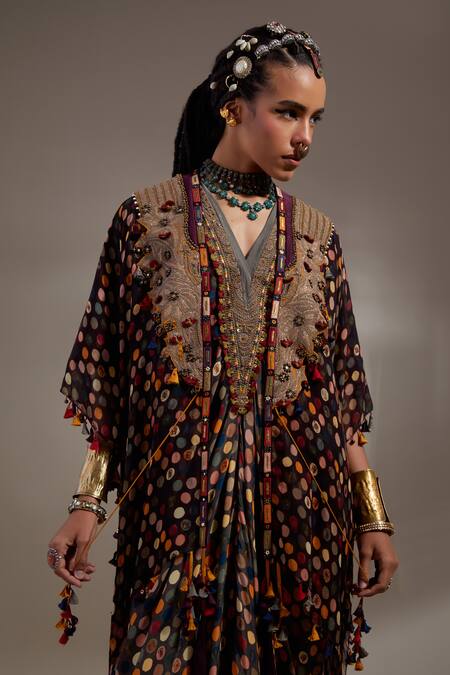 Shop Aseem Kapoor Black Crepe Embroidery, Beads, Tassels Veni Tribal Pattern Jacket And Dress Set Shop_Aseem Kapoor_Black Crepe Embroidery, Beads, Tassels Veni Tribal Pattern Jacket And Dress Set