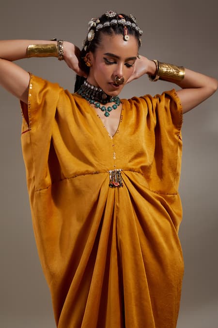 Aseem Kapoor Yellow Crinkle Tassels, Embroidery V-neck Zia Trapeze Dress Online at Aza Fashions Aseem Kapoor_Yellow Crinkle Tassels, Embroidery V-neck Zia Trapeze Dress _Online_at_Aza_Fashions
