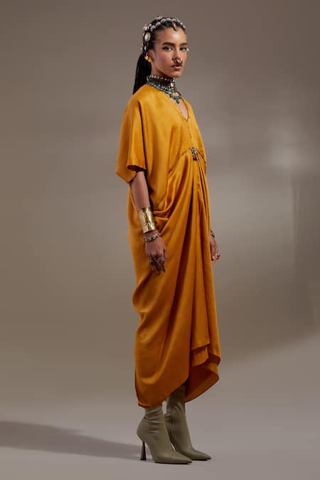 Buy Aseem Kapoor Yellow Crinkle Tassels, Embroidery V-neck Zia Trapeze Dress Online at Aza Fashions Buy_Aseem Kapoor_Yellow Crinkle Tassels, Embroidery V-neck Zia Trapeze Dress _Online_at_Aza_Fashions