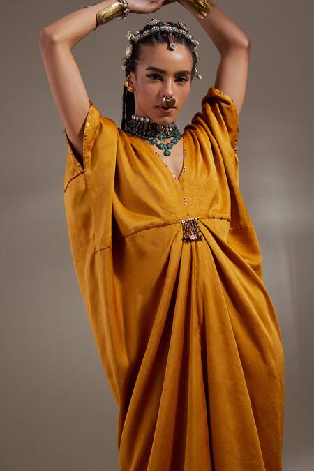 Shop Aseem Kapoor Yellow Crinkle Tassels, Embroidery V-neck Zia Trapeze Dress Online at Aza Fashions Shop_Aseem Kapoor_Yellow Crinkle Tassels, Embroidery V-neck Zia Trapeze Dress _Online_at_Aza_Fashions