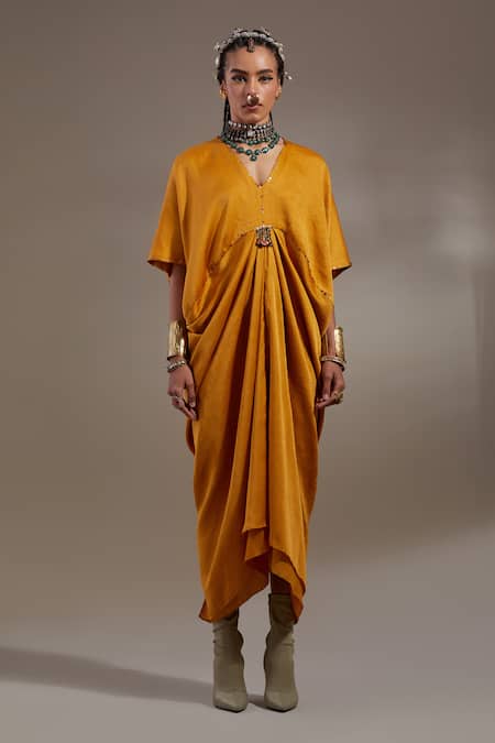 Aseem Kapoor Yellow Crinkle Tassels, Embroidery V-neck Zia Trapeze Dress