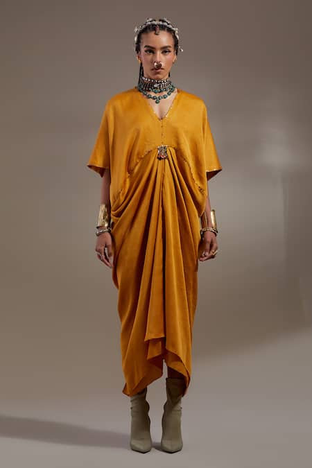 Aseem Kapoor Yellow Crinkle Tassels, Embroidery V-neck Zia Trapeze Dress at Aza Fashions Aseem Kapoor_Yellow Crinkle Tassels, Embroidery V-neck Zia Trapeze Dress _at_Aza_Fashions