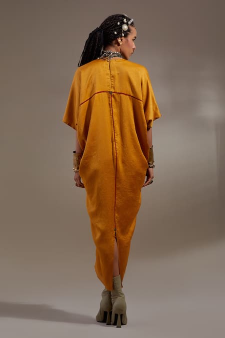 Shop Aseem Kapoor Yellow Crinkle Tassels, Embroidery V-neck Zia Trapeze Dress at Aza Fashions Shop_Aseem Kapoor_Yellow Crinkle Tassels, Embroidery V-neck Zia Trapeze Dress _at_Aza_Fashions