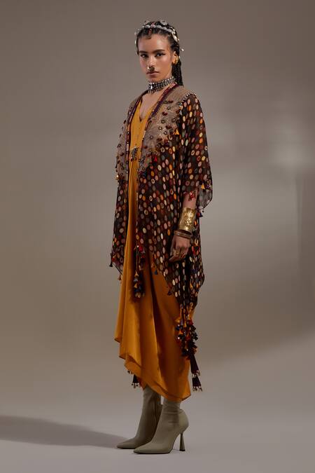 Shop Aseem Kapoor Yellow Embroidery, Beads, Tassels V-neck, Open Veni Pattern Jacket And Dress Set Online at Aza Fashions Shop_Aseem Kapoor_Yellow Embroidery, Beads, Tassels V-neck, Open Veni Pattern Jacket And Dress Set _Online_at_Aza_Fashions
