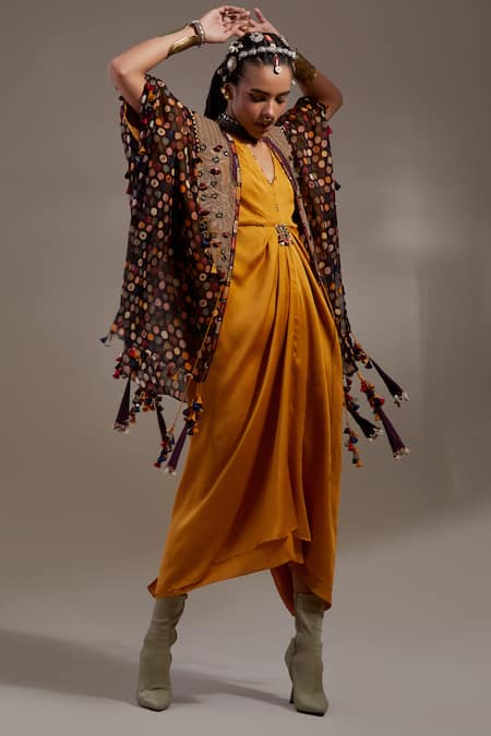 Aseem Kapoor Yellow Embroidery, Beads, Tassels V-neck, Open Veni Pattern Jacket And Dress Set 