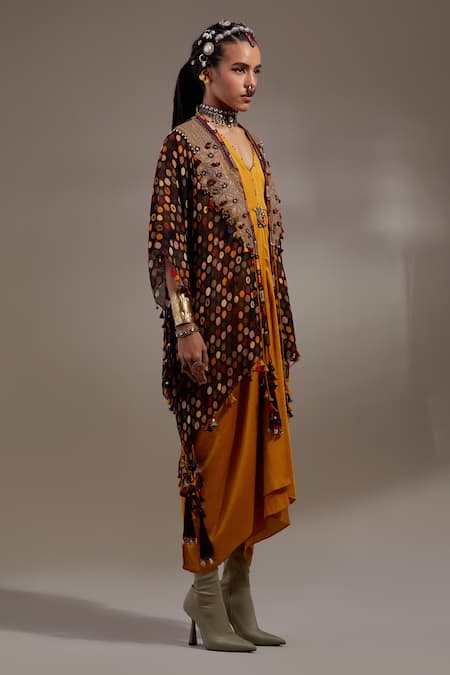 Aseem Kapoor Yellow Embroidery, Beads, Tassels V-neck, Open Veni Pattern Jacket And Dress Set at Aza Fashions Aseem Kapoor_Yellow Embroidery, Beads, Tassels V-neck, Open Veni Pattern Jacket And Dress Set _at_Aza_Fashions