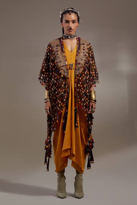 Buy Aseem Kapoor Yellow Embroidery, Beads, Tassels V-neck, Open Veni Pattern Jacket And Dress Set Buy_Aseem Kapoor_Yellow Embroidery, Beads, Tassels V-neck, Open Veni Pattern Jacket And Dress Set