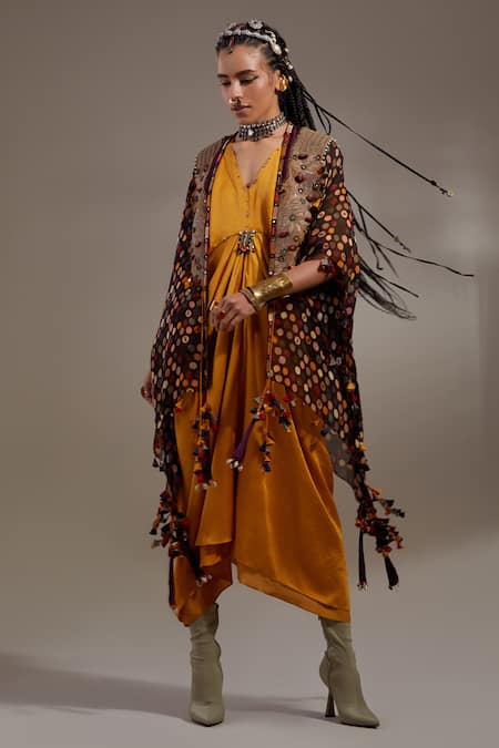 Shop Aseem Kapoor Yellow Embroidery, Beads, Tassels V-neck, Open Veni Pattern Jacket And Dress Set Shop_Aseem Kapoor_Yellow Embroidery, Beads, Tassels V-neck, Open Veni Pattern Jacket And Dress Set