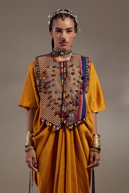 Buy Aseem Kapoor Yellow Silk Embroidery, Tassels, Beads V-neck, Zuri Gilet Jacket And Dress Set Online at Aza Fashions Buy_Aseem Kapoor_Yellow Silk Embroidery, Tassels, Beads V-neck, Zuri Gilet Jacket And Dress Set _Online_at_Aza_Fashions