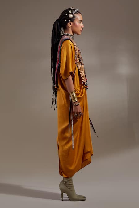 Shop Aseem Kapoor Yellow Silk Embroidery, Tassels, Beads V-neck, Zuri Gilet Jacket And Dress Set Online at Aza Fashions Shop_Aseem Kapoor_Yellow Silk Embroidery, Tassels, Beads V-neck, Zuri Gilet Jacket And Dress Set _Online_at_Aza_Fashions