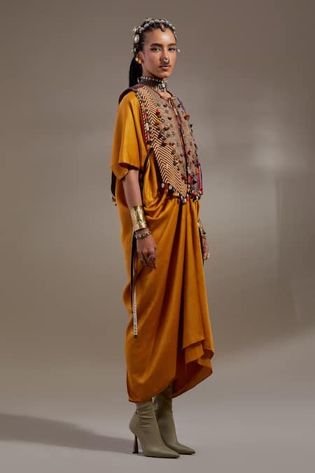 Aseem Kapoor Yellow Silk Embroidery, Tassels, Beads V-neck, Zuri Gilet Jacket And Dress Set at Aza Fashions Aseem Kapoor_Yellow Silk Embroidery, Tassels, Beads V-neck, Zuri Gilet Jacket And Dress Set _at_Aza_Fashions