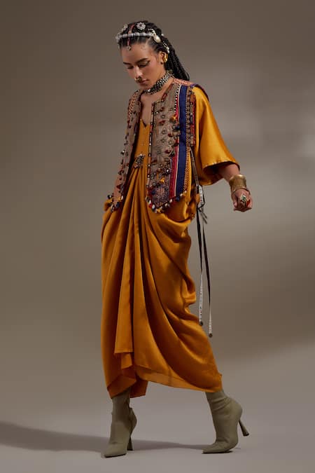 Buy Aseem Kapoor Yellow Silk Embroidery, Tassels, Beads V-neck, Zuri Gilet Jacket And Dress Set Buy_Aseem Kapoor_Yellow Silk Embroidery, Tassels, Beads V-neck, Zuri Gilet Jacket And Dress Set