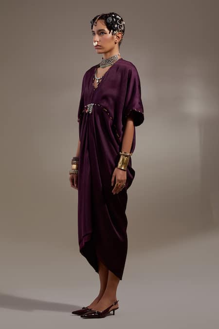 Aseem Kapoor Purple Crinkle Tassels V-neck Zia Trapeze Dress Online at Aza Fashions Aseem Kapoor_Purple Crinkle Tassels V-neck Zia Trapeze Dress _Online_at_Aza_Fashions