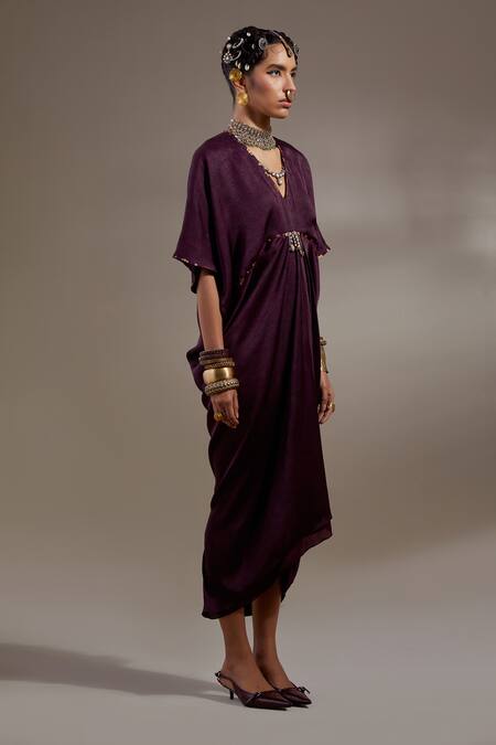 Buy Aseem Kapoor Purple Crinkle Tassels V-neck Zia Trapeze Dress Online at Aza Fashions Buy_Aseem Kapoor_Purple Crinkle Tassels V-neck Zia Trapeze Dress _Online_at_Aza_Fashions