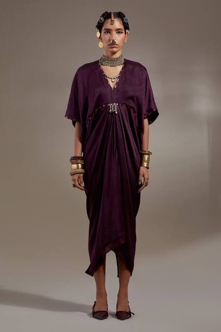 Shop Aseem Kapoor Purple Crinkle Tassels V-neck Zia Trapeze Dress Online at Aza Fashions Shop_Aseem Kapoor_Purple Crinkle Tassels V-neck Zia Trapeze Dress _Online_at_Aza_Fashions