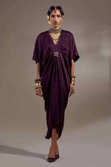 Aseem Kapoor Purple Crinkle Tassels V-neck Zia Trapeze Dress at Aza Fashions Aseem Kapoor_Purple Crinkle Tassels V-neck Zia Trapeze Dress _at_Aza_Fashions