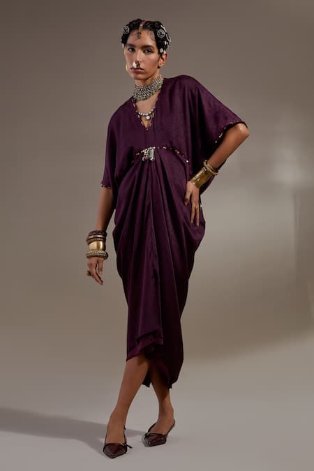 Aseem Kapoor Purple Crinkle Tassels V-neck Zia Trapeze Dress 
