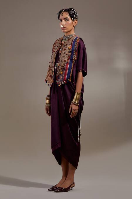 Shop Aseem Kapoor Purple Silk Tassels, Beads V-, Round Zuri Embroidered Gilet And Dress Set Online at Aza Fashions Shop_Aseem Kapoor_Purple Silk Tassels, Beads V-, Round Zuri Embroidered Gilet And Dress Set _Online_at_Aza_Fashions