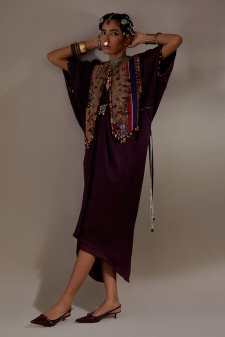 Aseem Kapoor Purple Silk Tassels, Beads V-, Round Zuri Embroidered Gilet And Dress Set at Aza Fashions Aseem Kapoor_Purple Silk Tassels, Beads V-, Round Zuri Embroidered Gilet And Dress Set _at_Aza_Fashions