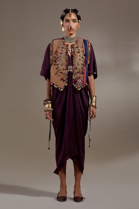 Buy Aseem Kapoor Purple Silk Tassels, Beads V-, Round Zuri Embroidered Gilet And Dress Set Buy_Aseem Kapoor_Purple Silk Tassels, Beads V-, Round Zuri Embroidered Gilet And Dress Set