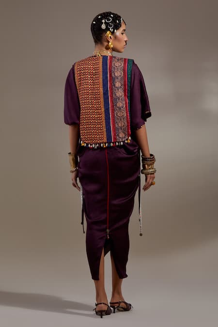 Shop Aseem Kapoor Purple Silk Tassels, Beads V-, Round Zuri Embroidered Gilet And Dress Set at Aza Fashions Shop_Aseem Kapoor_Purple Silk Tassels, Beads V-, Round Zuri Embroidered Gilet And Dress Set _at_Aza_Fashions
